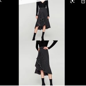 zara assymetrical denim midi skirt